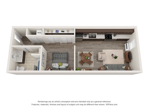 Floor plan for 1 bed, 1 bath, 555 sqft